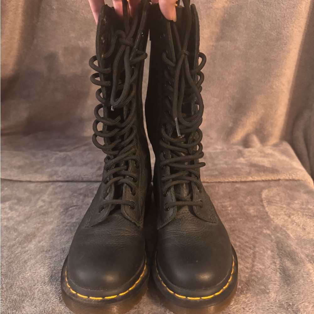 Dr. Martens Black Leather Lace-Up Combat Boots with Yellow Welt Stitching